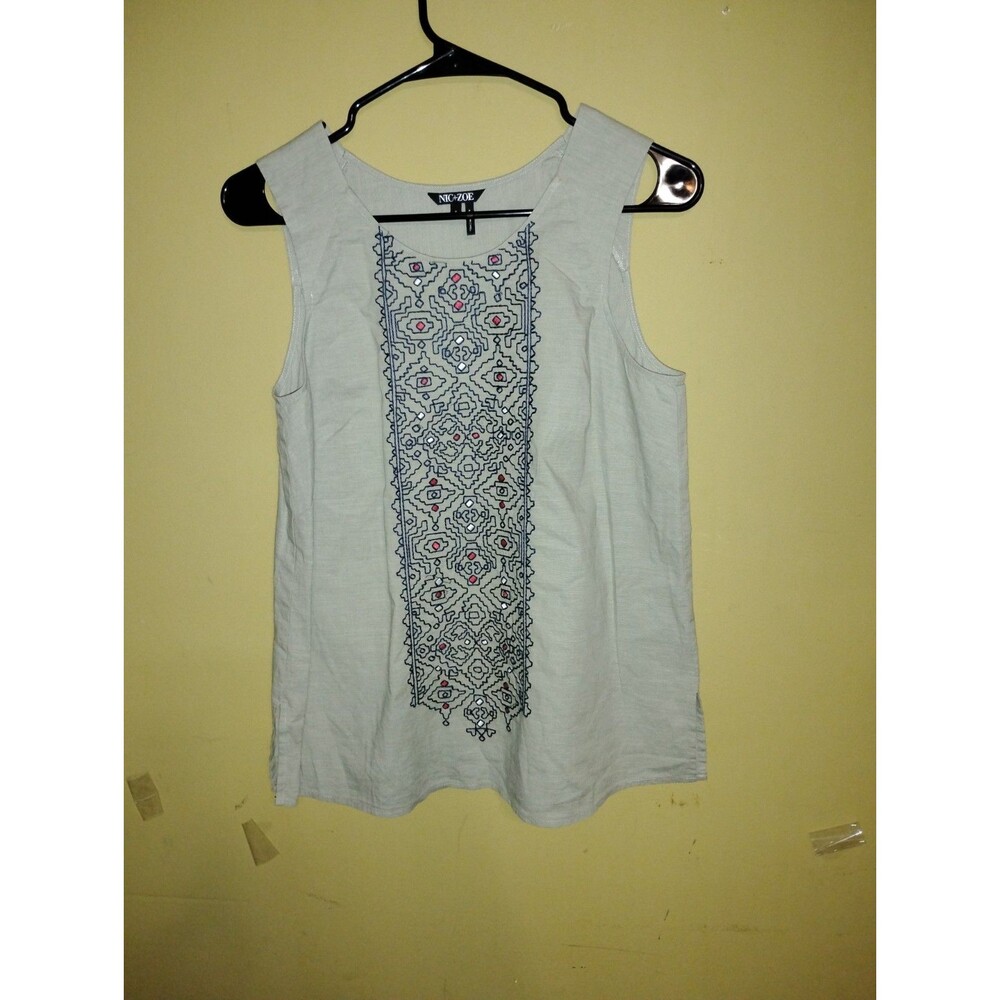 Nic+Zoe S Linen sleeveless embroidered mosaic Romanian top